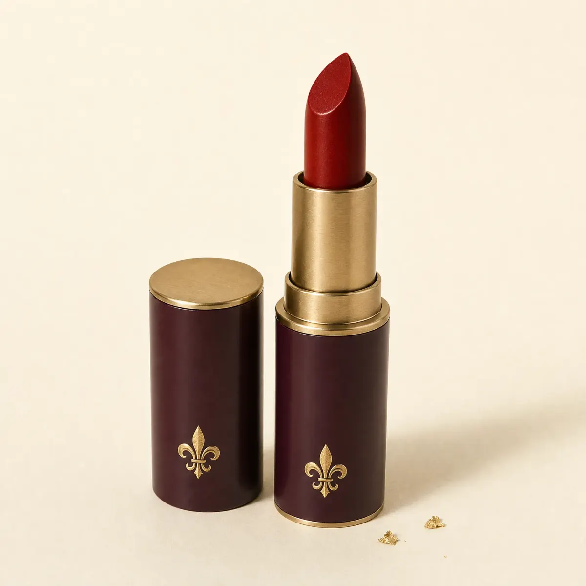 An uncapped classic lipstick with a deep red slanted bullet raised.