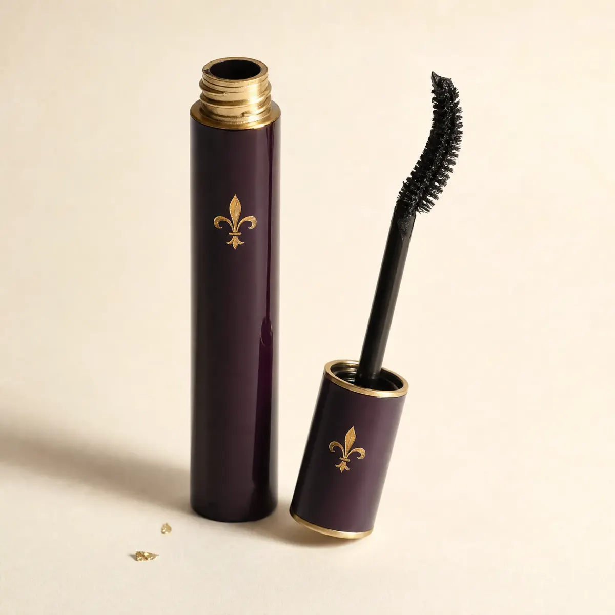 A mascara tube with its curved brush laid beside it.