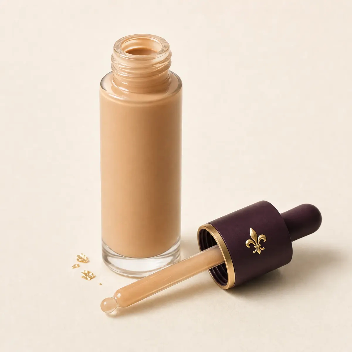A slim dropper bottle of beige skin tint with its dropper beside it.