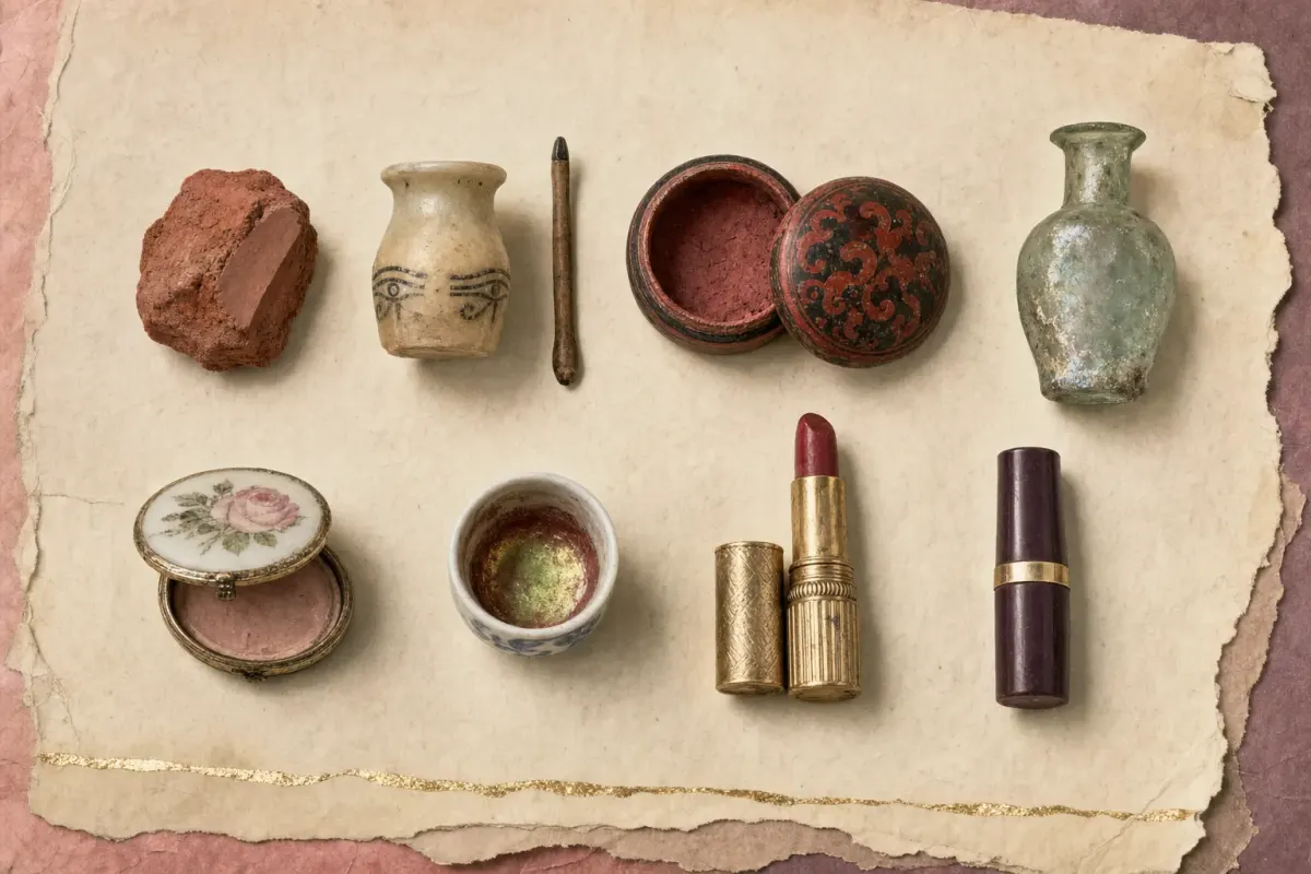 Eight cosmetic artefacts set out on torn parchment in two rows like a timeline: a lump of red ochre, an alabaster kohl pot painted with two eyes and its wooden applicator, an open red-and-black lacquer box, an iridescent Roman glass bottle, an enamel patch box with a painted rose, a porcelain cup glinting green-gold with dried safflower red, an engraved gilt lipstick beside its cap and a modern plum lipstick.