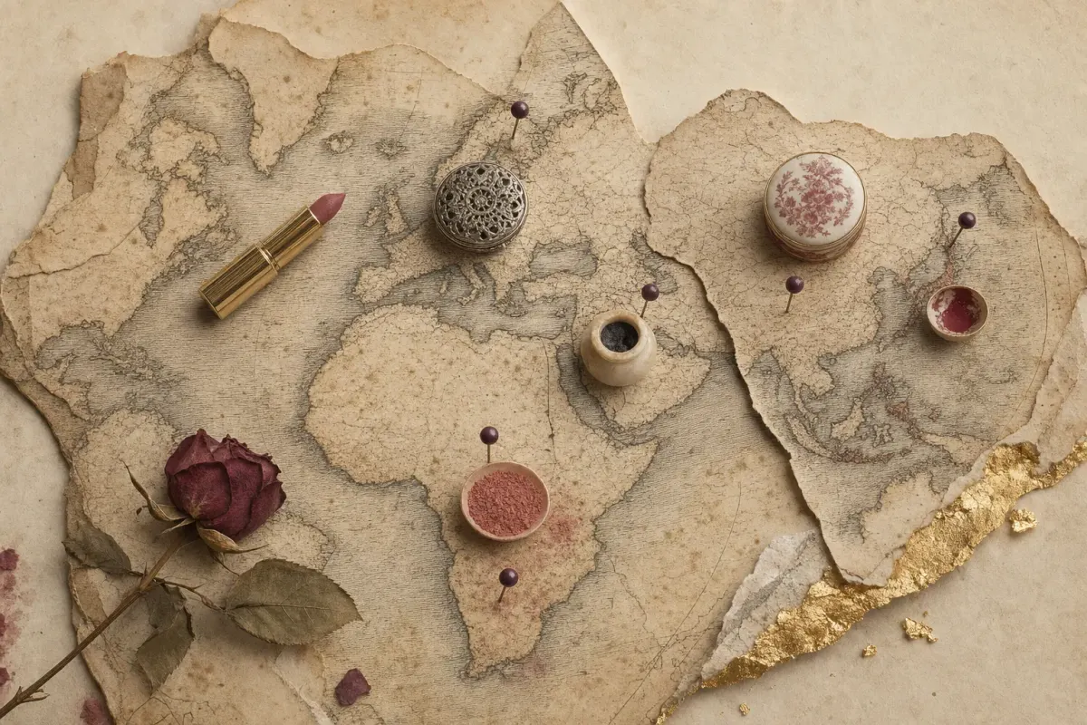 A torn, unlabelled antique world map with cosmetics from across history resting on it: a dish of red ochre on southern Africa, an alabaster pot of black kohl near Egypt, a porcelain rouge box painted with red flowers over China, a small cup of crimson beside Japan, a pierced silver compact over northern Europe and a gold lipstick across the North Atlantic. Plum-headed map pins are pressed into the paper beside them, a dried rose lies across one corner and gold leaf runs along a torn edge.