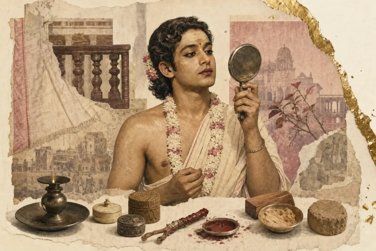 A South Asian woman in draped cotton and heavy gold earrings, her eyes thickly lined in lamp-black, a yellow-and-orange mineral mark on her forehead and her lips stained red with lac resin, beside dried henna leaves.