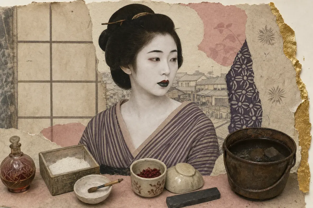 An Edo townswoman in a striped indigo kimono, her teeth blackened and her lower lip built up until it glints green-black, the white powder stopping in a clean edge at her nape, two small glazed colour cups below.