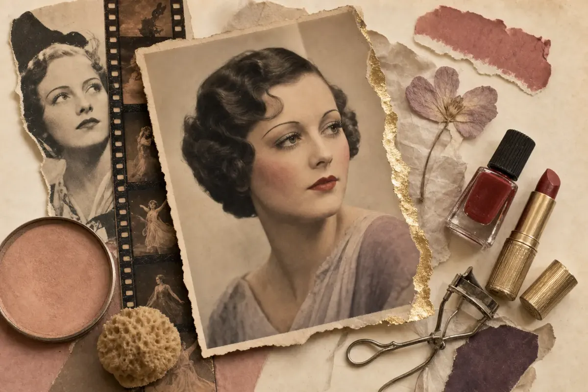 A 1930s collage: a softly hand-tinted studio portrait of a woman with close glossy waves, finely pencilled brows, shadowed lids and a defined red mouth, among a strip of colour film, a cake of foundation with a sea sponge, a bottle of red nail enamel, a gilt lipstick, an eyelash curler and a torn fan-magazine page.