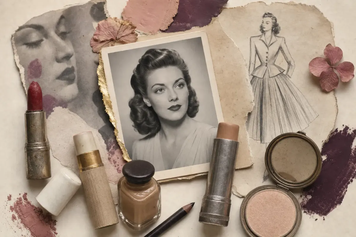 A 1940s collage: a small black-and-white studio photograph of a woman with softly rolled hair, defined brows and a dark-lipped mouth, among a worn metal lipstick, one with a white plastic cap and one in a cardboard tube, a bottle of leg makeup with a dark pencil, a stick foundation, an open compact and a torn fashion drawing of a full-skirted suit.