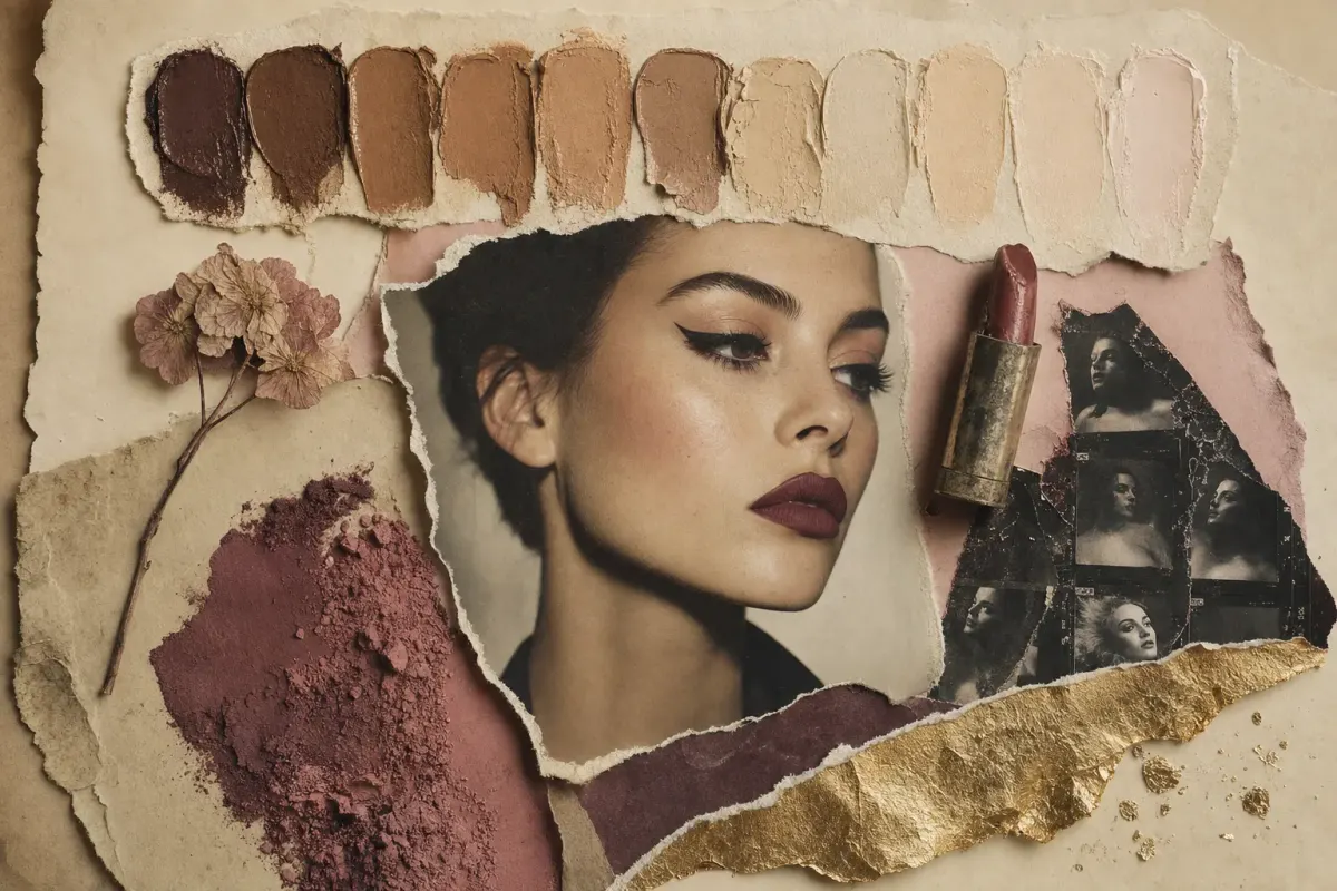 A modern collage: a woman with luminous skin, graphic liner and a bold matte lip, beside a row of foundation shades running deep to fair, a worn lipstick bullet and a torn contact sheet.