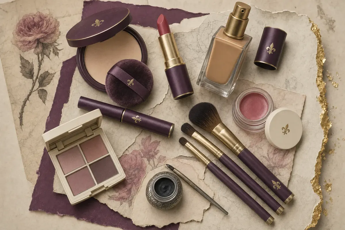 A collage of makeup from one house line laid out on a layered album page: an open plum compact of pressed powder with its puff, a plum and gold lipstick, a glass bottle of liquid foundation with a gold pump, a pot of rose cream blush, a mascara, an eyeshadow quad, a fan of brushes with plum handles and gold ferrules, and a small silver kohl pot, a few pieces stamped with a gold-foil fleur, with gold leaf along one torn edge.
