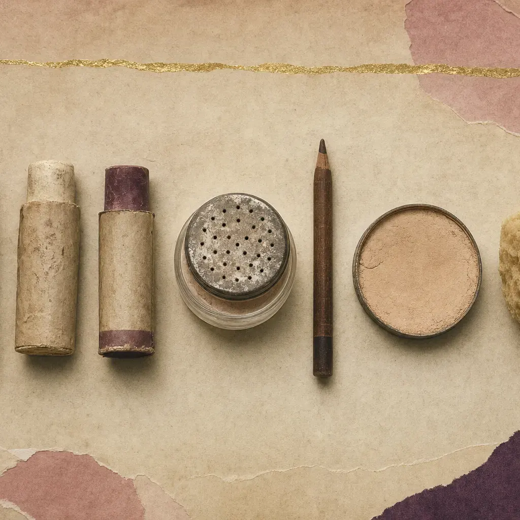 Film makeup of the 1930s laid out in a row: sticks of greasepaint, a glass jar of powder with a perforated lid, an eyebrow pencil, a round cake of foundation in its pan and a damp natural sponge.