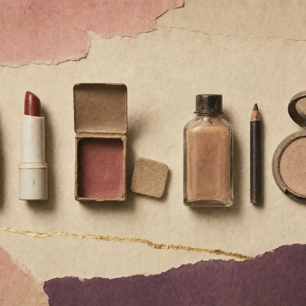 Wartime makeup laid out in a row: a lipstick in a plain cardboard tube beside one with a white plastic cap, a cardboard refill of cake makeup with a small flat sponge, a squat bottle of leg makeup with a dark pencil beside it, and an open compact with no puff.