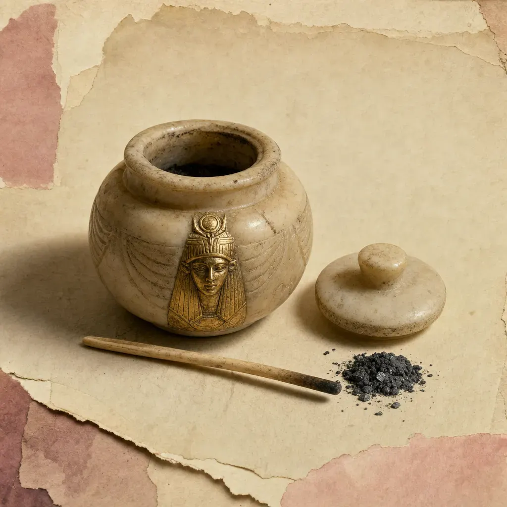 A carved alabaster kohl pot with its lid set beside it, a slender bone applicator stick worn smooth at the tip, and a small spill of dark grey powder on parchment.