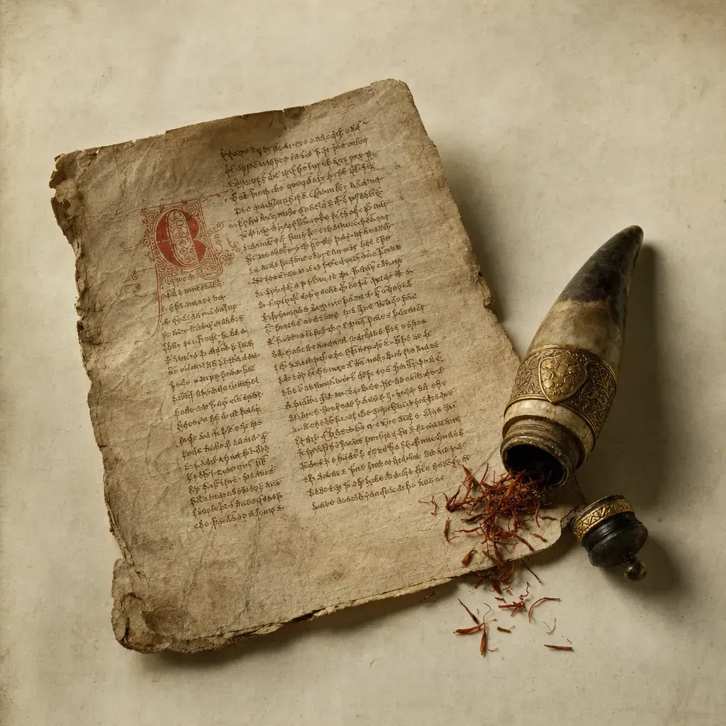 A worn manuscript leaf in close brown ink with one red decorated initial, lying beside a small turned horn vessel and a scatter of dried saffron threads.