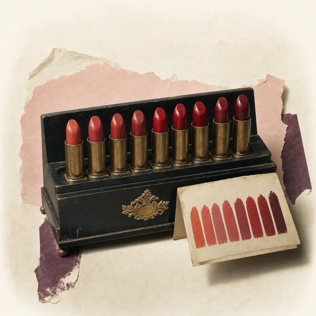 A mid-century counter display: metal lipstick bullets wound up to show graduated reds in a black lacquered tiered rack, beside a folded printed shade card.
