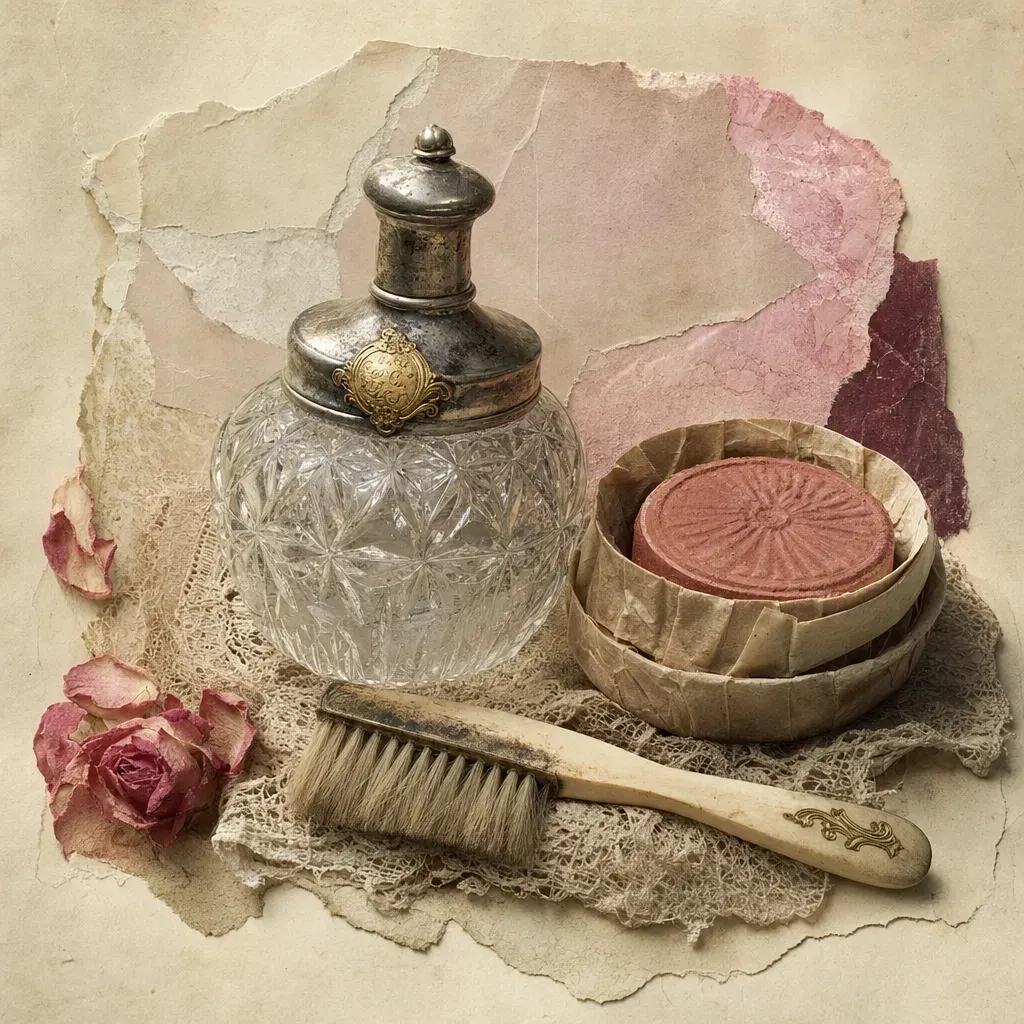 A cut-glass toilet bottle with a tarnished silver top, an aged printed label for a complexion preparation, a papered cake of rouge and a bone-handled brush on a worn lace cloth.