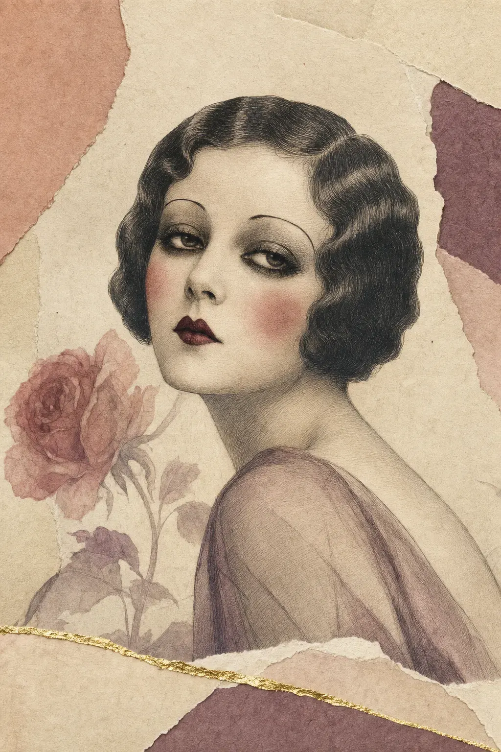 Illustrated portrait plate of a woman in 1920s makeup: matte pale complexion, kohl-smudged eyes, thin downward-curving brows and a small sharply peaked cupid’s bow lip in deep red.