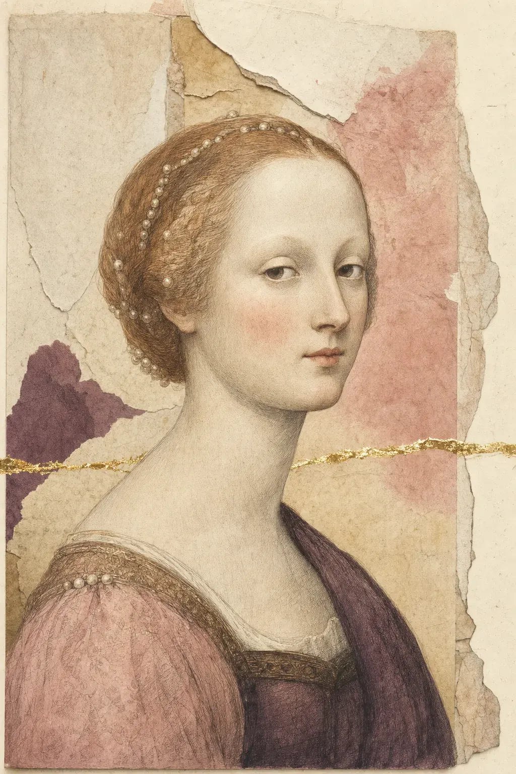 Illustrated portrait plate of a Renaissance woman: high bare forehead, luminous pale complexion, a faint rose flush confined to the cheek, near-invisible brows and reddish-gold hair dressed with pearls.