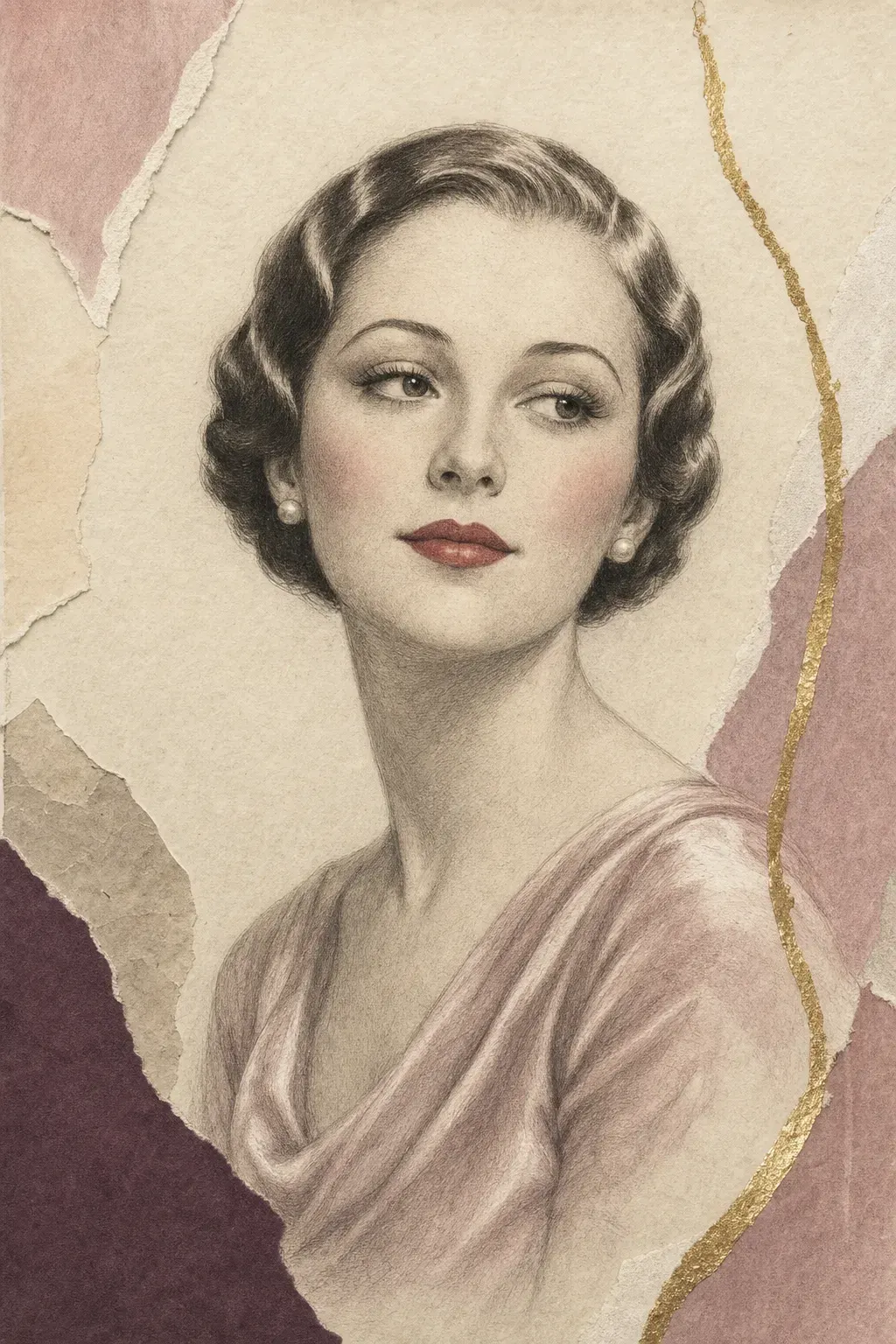 Illustrated portrait plate of a woman of the mid-1930s: short hair set in close, glossy waves, a smooth powdered complexion, brows tweezed clean and pencilled into a fine line, a light shadow on the upper lids, curled darkened upper lashes, rouge high on the cheekbone and a defined red mouth.