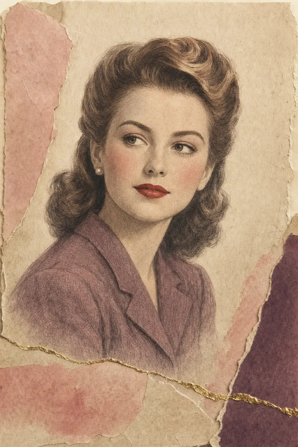 Illustrated portrait plate of a woman of the mid-1940s: shoulder-length hair set in soft rolls back from the forehead, a smooth even matte complexion, softly defined brown brows, a little mascara, a soft rose cheek and a clear true red mouth.