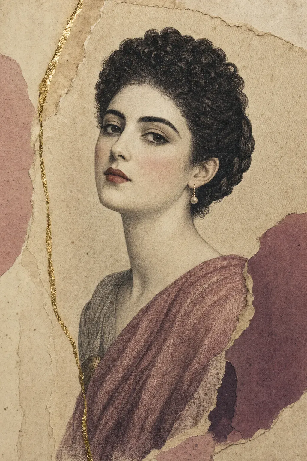 Illustrated portrait plate of a woman of imperial Rome: dark hair dressed high in tight curls, a face and throat whitened to an even matte pallor, soot-darkened brows, a fine dark line at the lashes, a soft red on the cheeks and muted brick-red lips.