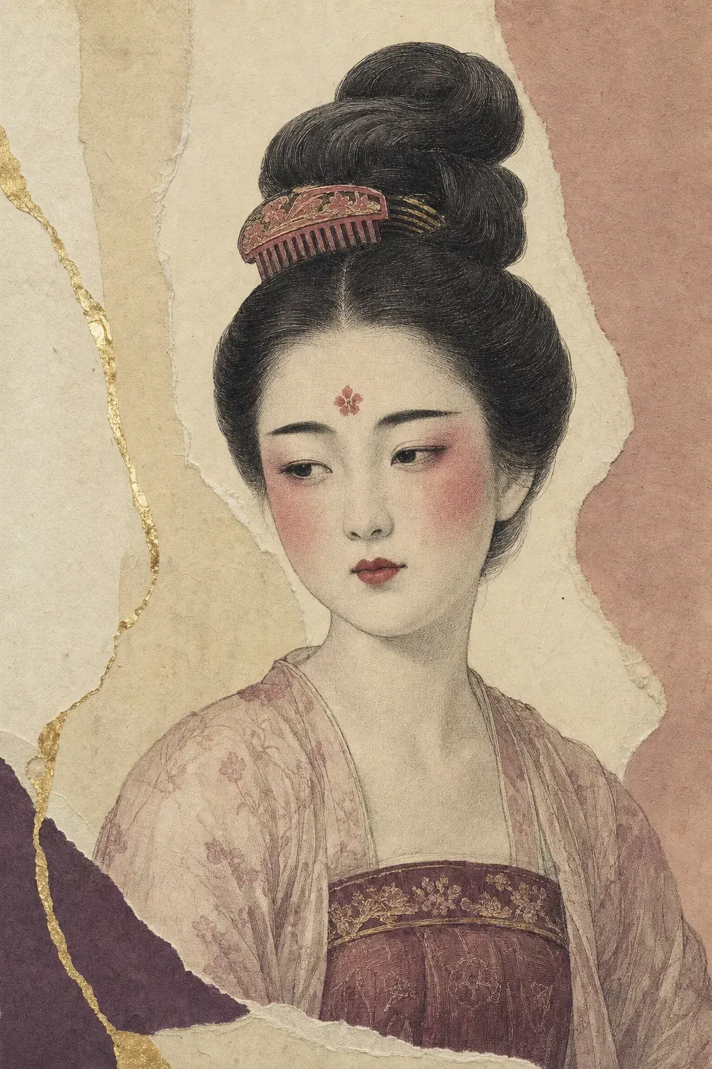 Illustrated portrait plate of a woman of the Tang dynasty: hair swept up into a tall coiled knot, a smooth white complexion, short broad soot-black brows, a small red five-petalled ornament between the brows, deep rose-red rouge high on the cheeks and a small red mouth.
