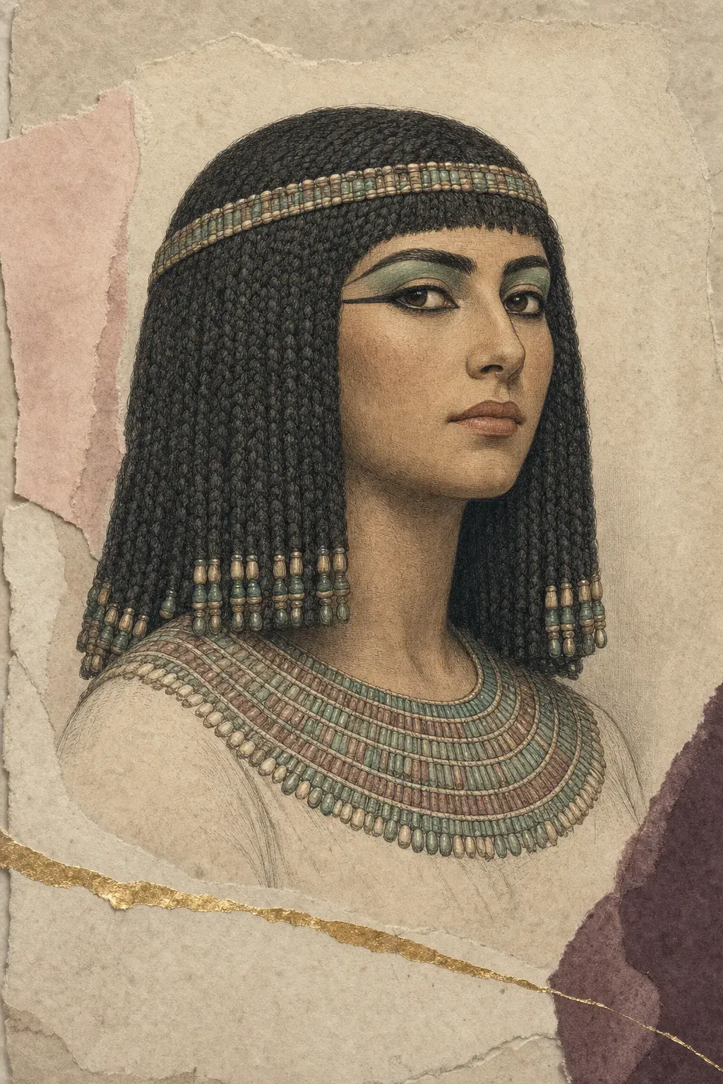 Illustrated portrait plate of a woman of New Kingdom Egypt: a heavy black braided wig with a band of beads, eyes rimmed in grey-black kohl and drawn out in a long line toward the temple, a band of malachite green on the upper lid, dark extended brows, warm red-brown lips and a broad beaded collar.