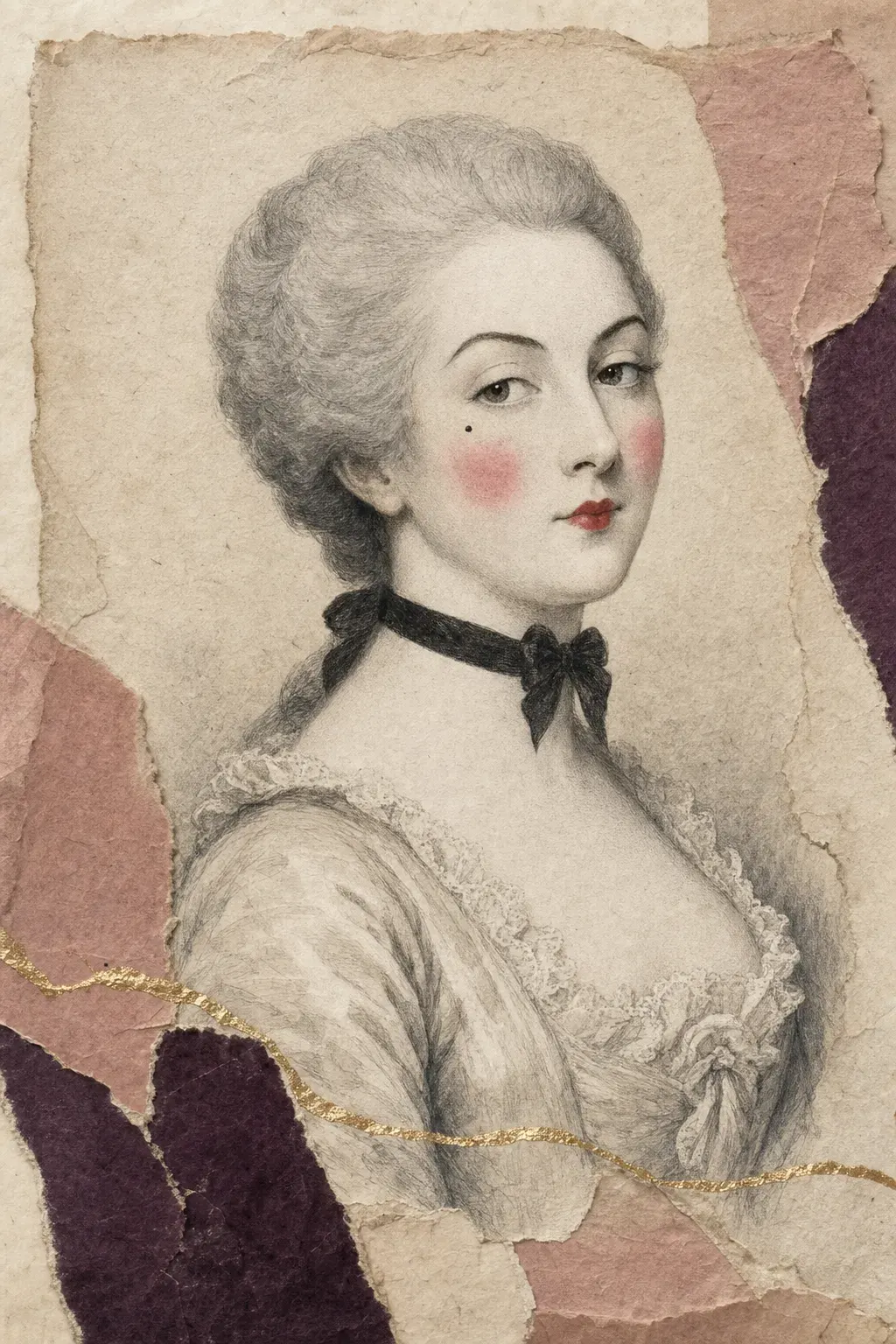 Illustrated portrait plate of an Englishwoman of the 1760s: powdered hair dressed back from the face, a face and throat whitened to an opaque pallor, two distinct circles of pink-red rouge, thin arched dark brows, a small black patch high on one cheekbone and a small bright red mouth.