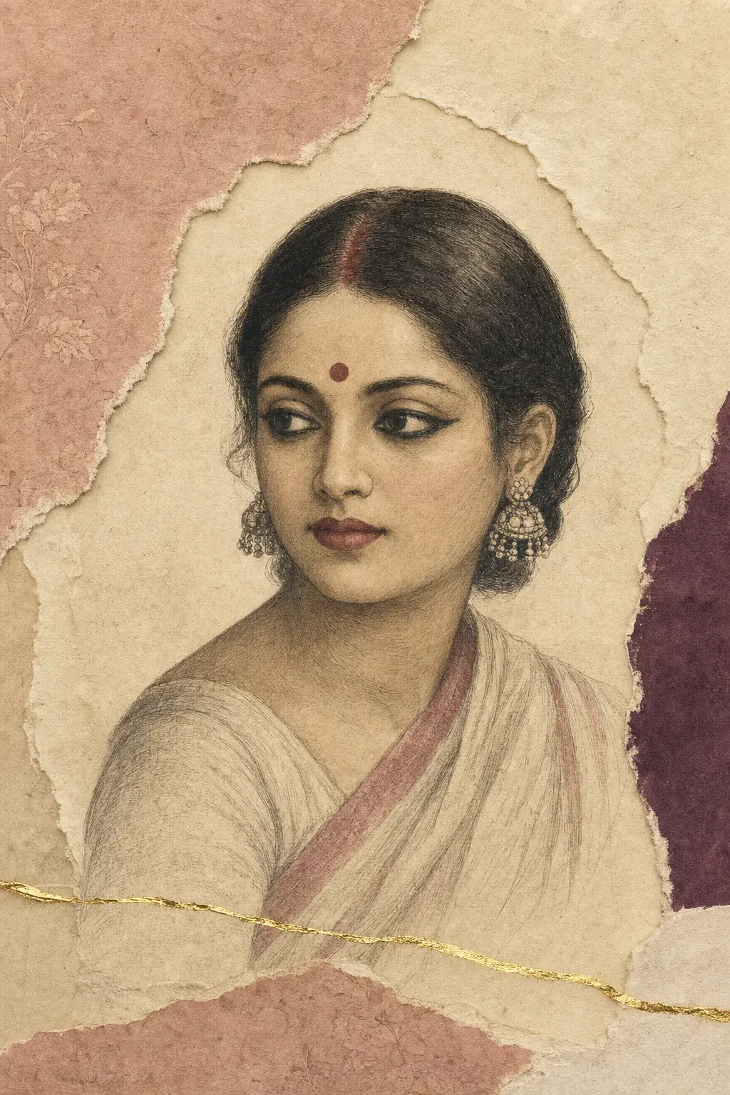 Illustrated portrait plate of a South Asian woman: dark centre-parted hair with a line of red along the parting, eyes thickly lined in soft lamp-black collyrium, a round red mark between the brows, a smooth matte complexion, deep red-stained lips and a draped sari.