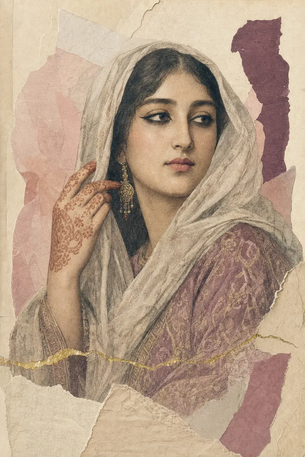 Illustrated portrait plate of a woman of eleventh-century al-Andalus: a fine gauze veil over dark hair, eye margins darkened with black kohl, a clear even complexion and soft rose lips, one hand raised to the veil with palm and fingertips stained orange-red with henna.