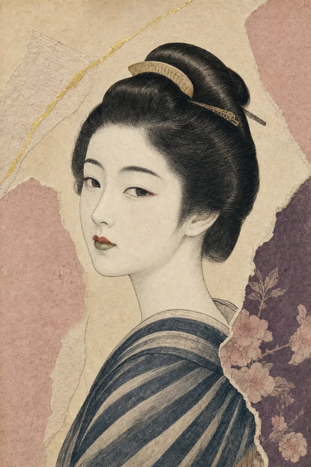 Illustrated portrait plate of an Edo-period townswoman: glossy hair in a lacquered topknot, face, throat and nape powdered an even white with a clean edge at the hairline, a touch of red at the outer eye corners, fine soft brows and a small mouth — red above, the lower lip built up to a green sheen.
