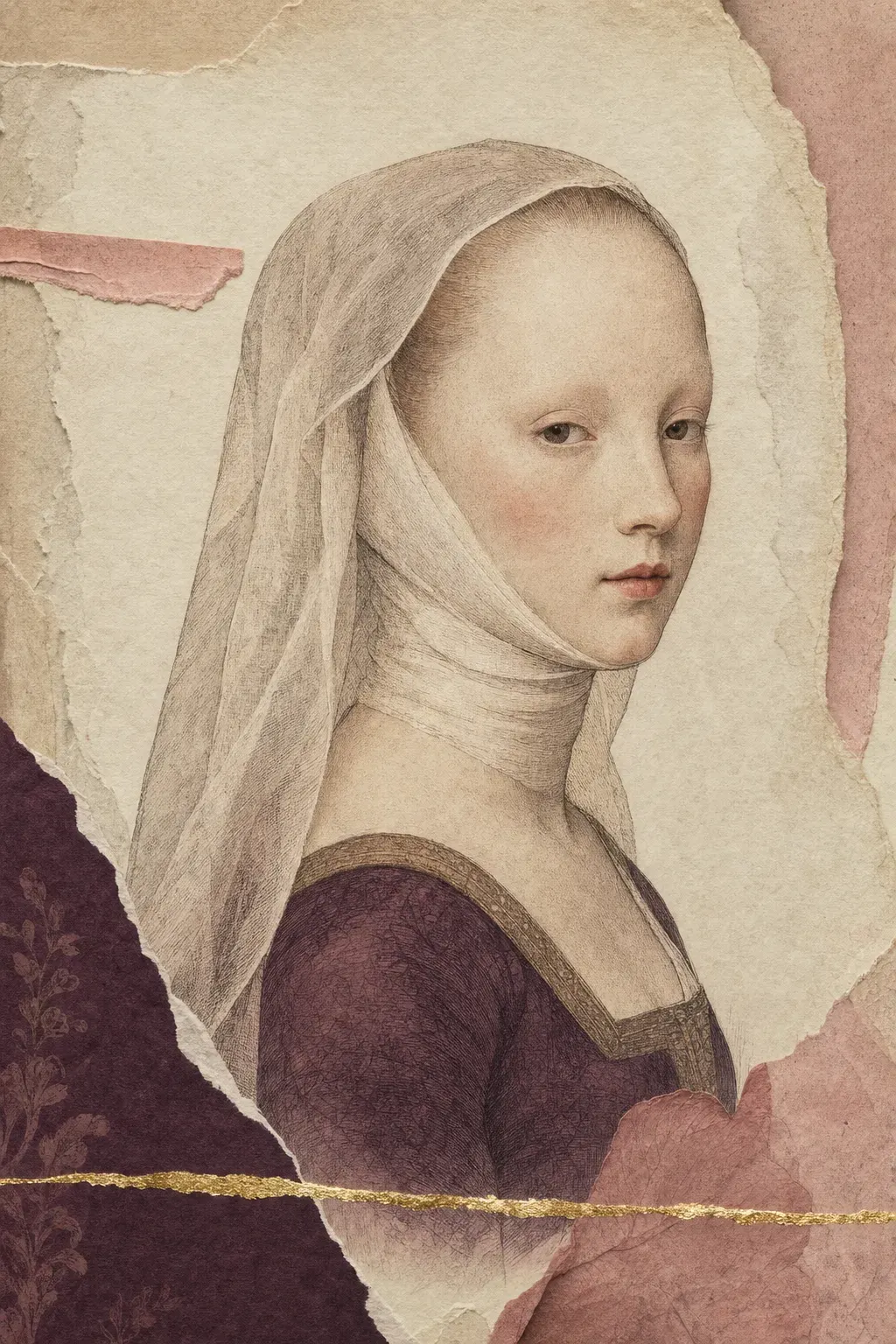 Illustrated portrait plate of a woman of the later Middle Ages: a very high, bare, plucked forehead, hair hidden under a fine linen veil and wimple, brows thinned almost to nothing, a pale even complexion with a faint flush, and a small rose-tinted mouth.