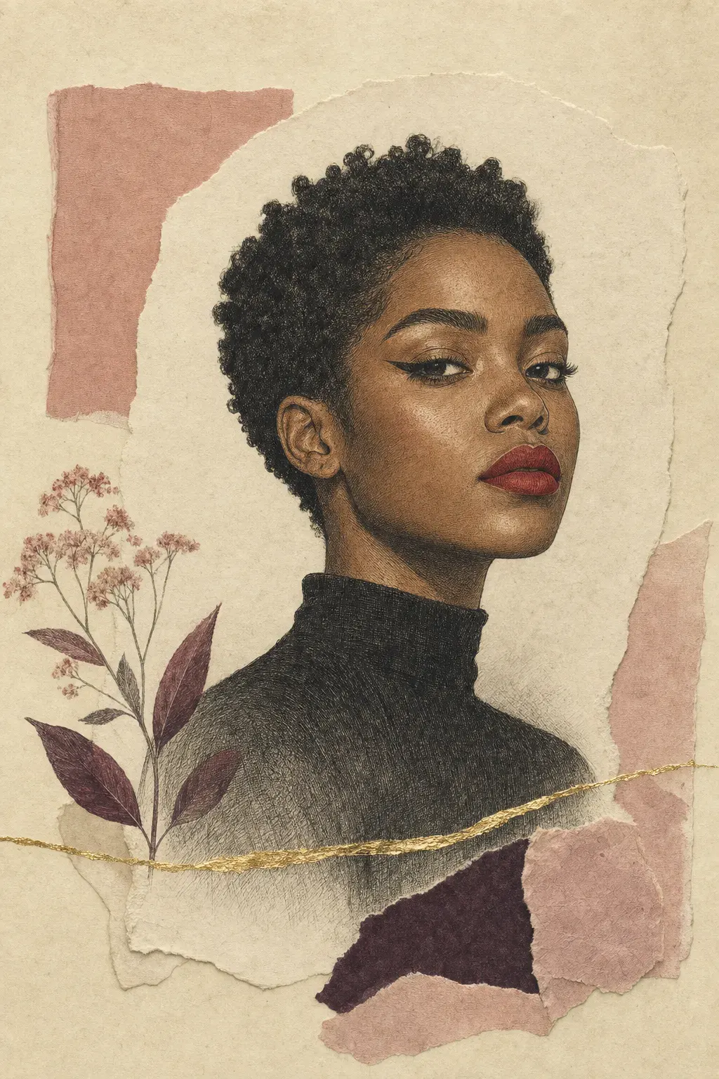 Illustrated portrait plate of a contemporary woman with deep brown skin: a luminous, even complexion, full brows brushed up and sharply defined, crisp black winged liner at the outer corners of the eyes, and a bold matte red lip.