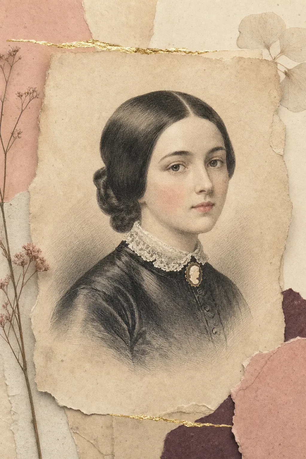 Illustrated portrait plate of a woman of the 1860s: glossy dark hair centre-parted and drawn low over the ears, a clear pale complexion under a veil of powder, smooth natural brows, the faintest flush on the cheeks and a softly stained pink mouth, above a high lace collar.