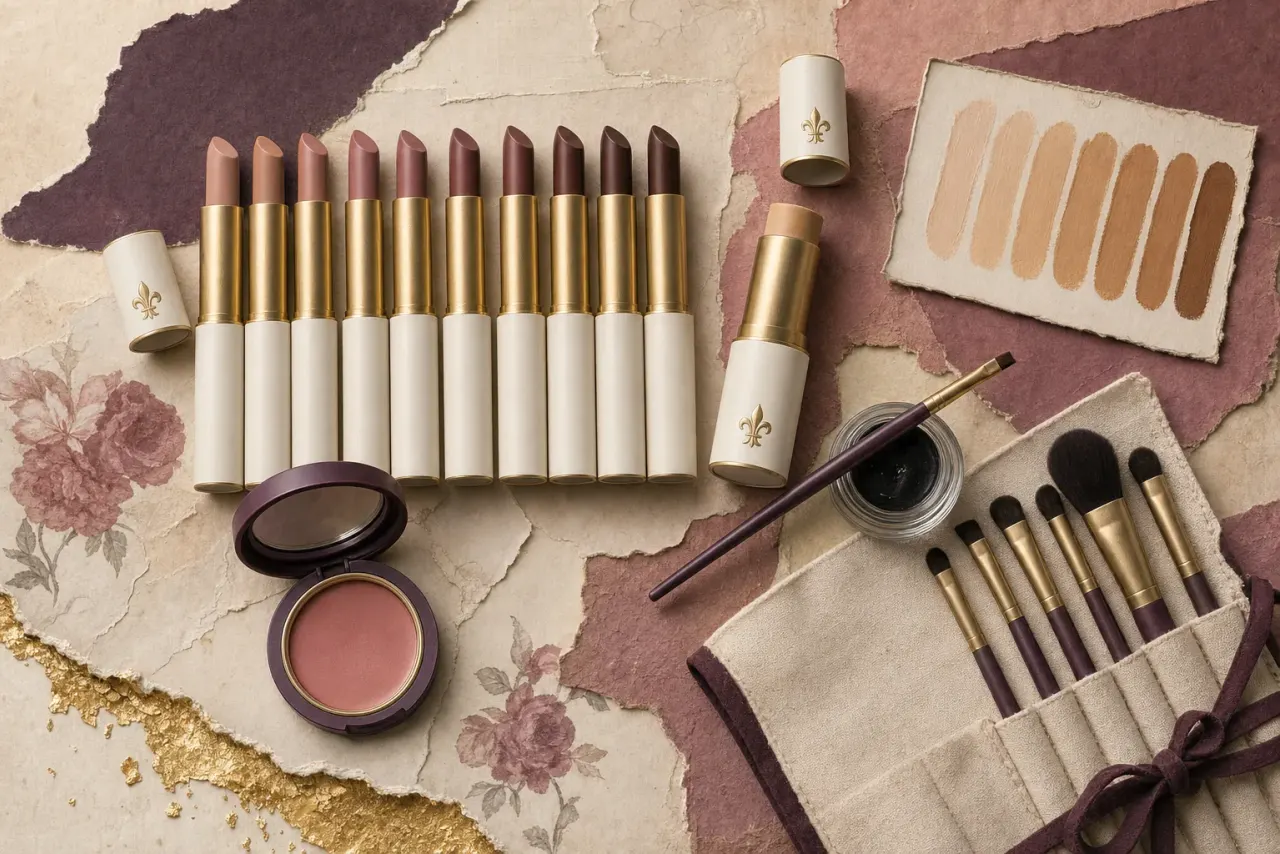 An overhead collage of ten unbranded lipsticks standing in a row, their shades running from pale nude through rose-brown to deep cocoa, beside a beige foundation stick, a card of skin-tone swatches from light to deep, a pot of black gel liner with a fine brush, a compact of rose cream blush and a canvas roll of brushes, on torn parchment with a gold-leaf edge.