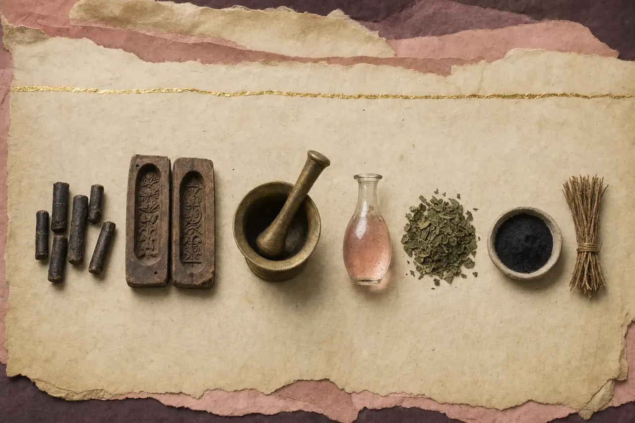 A tenth-century physician's cosmetic preparations in a row: short sticks of solid perfume beside the open wooden mould they were pressed in, a brass mortar and pestle, a flask of rose-water, dried henna leaves, black kohl powder and tooth-cleaning twigs.