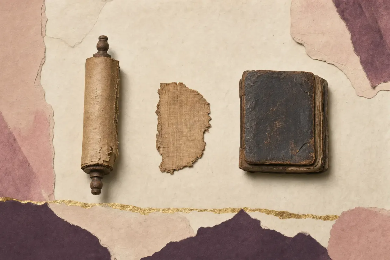 A papyrus roll wound on a turned wooden rod, a torn scrap of papyrus and a worn codex of parchment leaves bound in dark leather, laid in a row between torn papers in plum and rose, with a line of gold leaf below them.