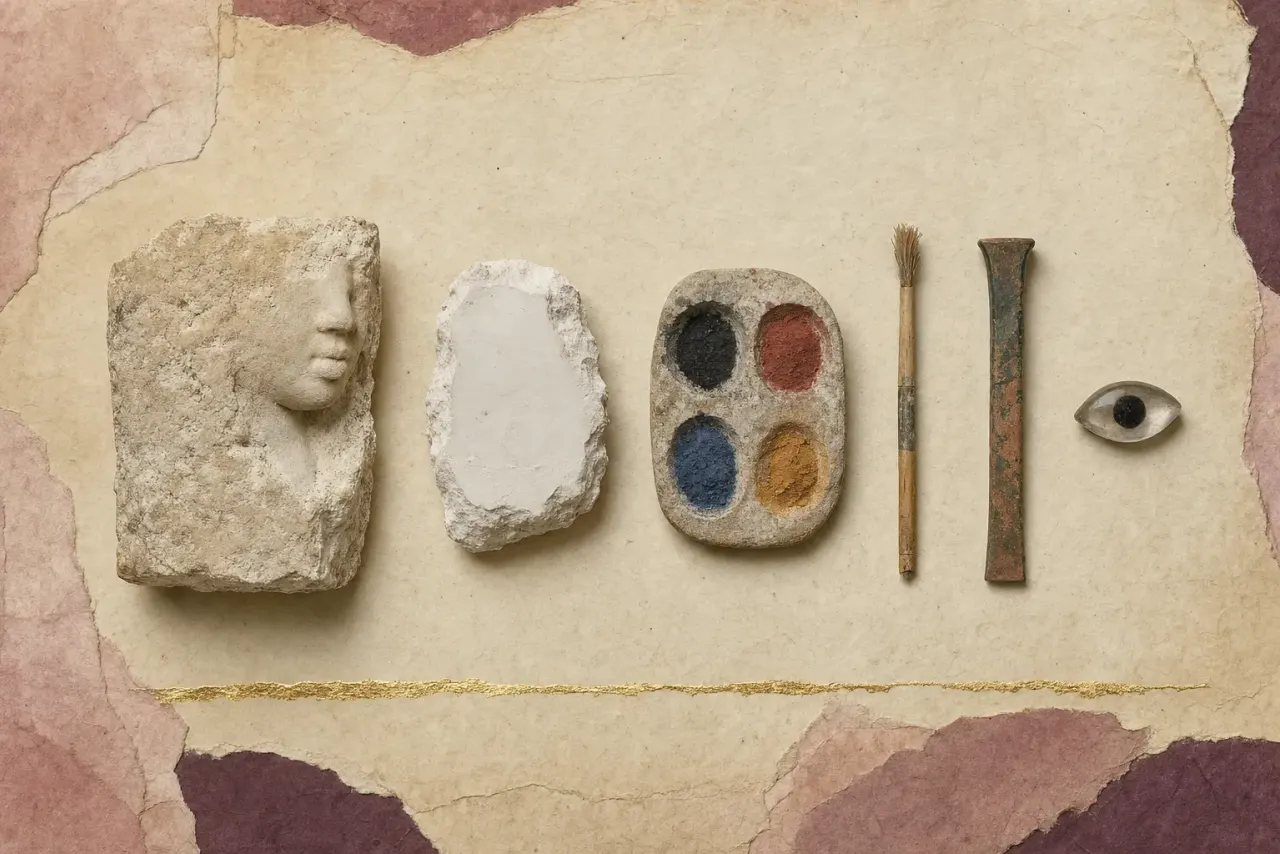 The materials of an Egyptian sculptor's workshop in a row: a limestone block with a face half emerging from it, a lump of white plaster, a stone palette of black, red, blue and ochre pigment, a reed brush, a copper chisel and a single inlaid eye.