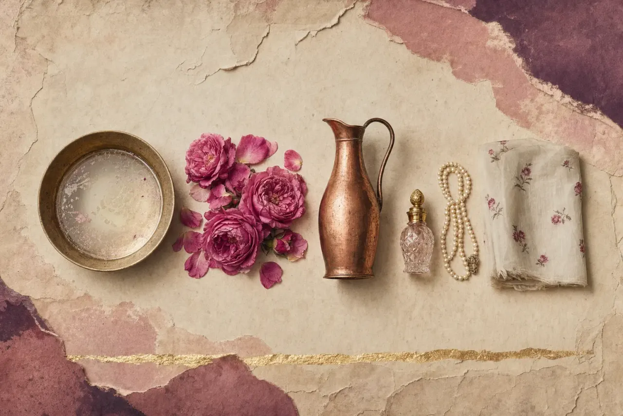 The making of rose oil: a brass dish of rose-water with an oily film on its surface, a heap of pink damask roses, a copper jug, a tiny cut-glass attar bottle, a coiled string of pearls and folded flowered muslin.