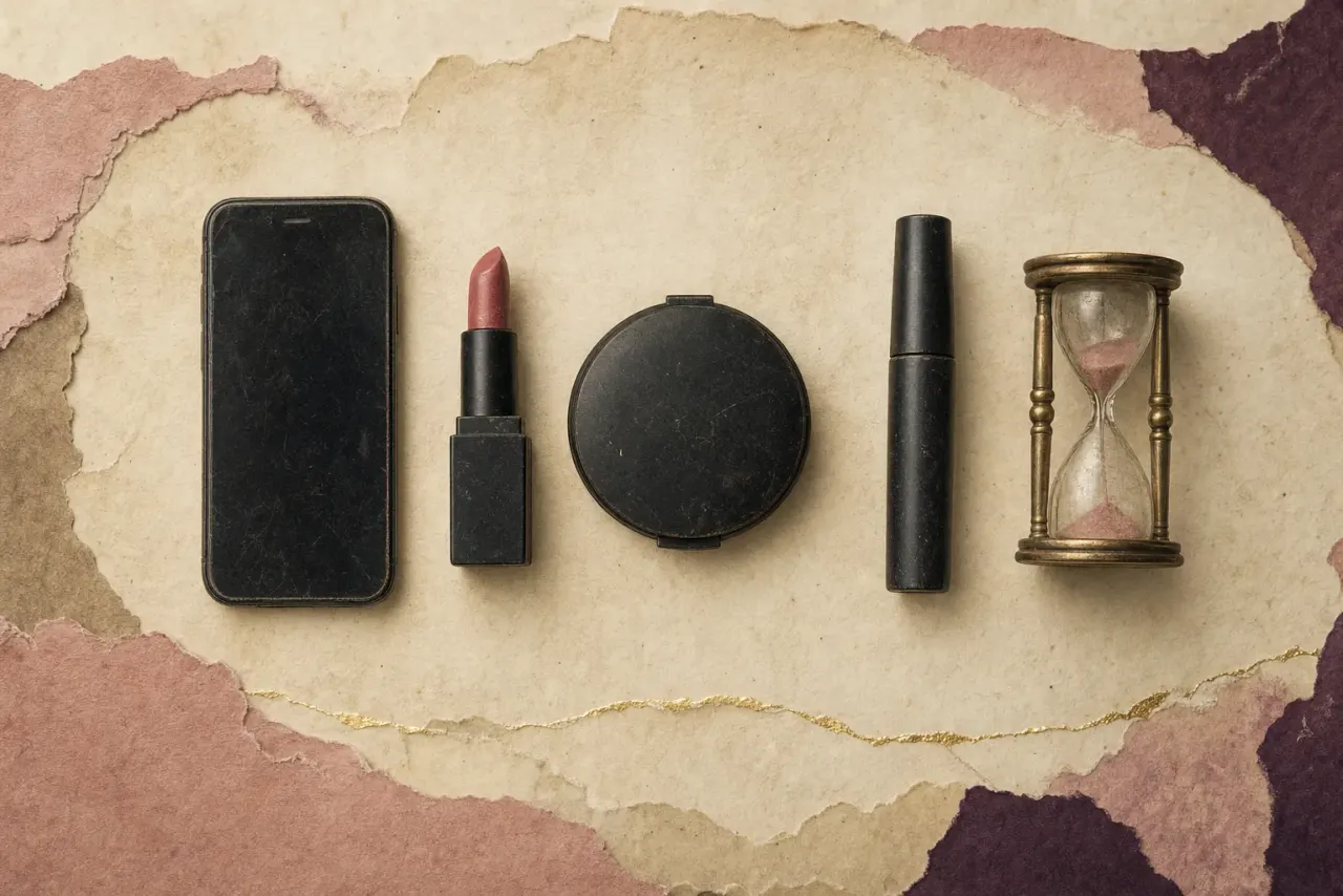 A smartphone with a dark screen beside a lipstick, compact and mascara in plain black packaging, and a brass hourglass with most of its sand run through.