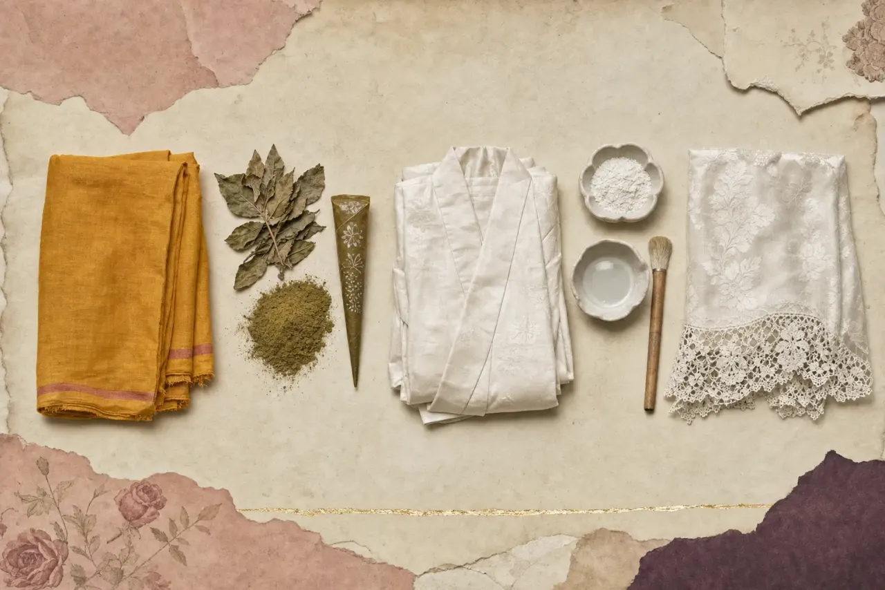 A bride's hands and forearms, turned palm-up in her lap and covered to the elbow in dense floral henna, the olive-brown paste crumbling away to show the orange-brown stain beneath. Her face is still bare.