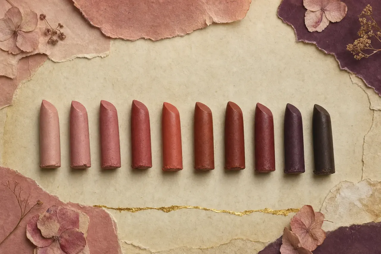 Ten lipstick bullets laid in a single graded row, running from pale beige-pink through rose and brick to deep terracotta, plum and brown.