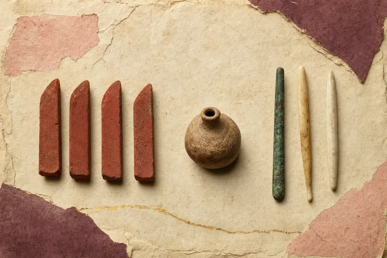 Four rectangular slips of dark red ochre with bevelled ends, laid in a row beside a narrow-mouthed spouted pottery jar and three slender applicator sticks of copper, ivory and bone.