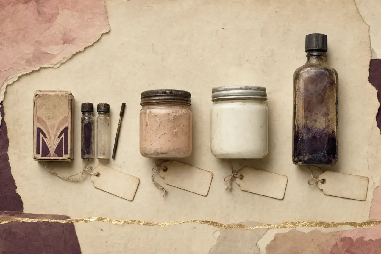 Dangerous cosmetics of the early 1930s laid out on a museum tray as exhibits: a boxed eyelash dye with two small vials and a brush, a jar of depilatory cream, a jar of skin-bleaching cream and a bottle of hair dye, each with a small blank tag tied on with string.