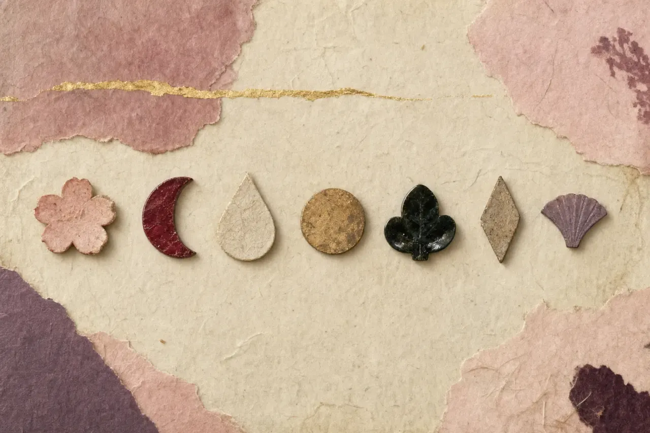 Seven small forehead ornaments in different shapes laid in a row, cut from thin materials of varying colour and texture, with no indication of what any of them is made from.