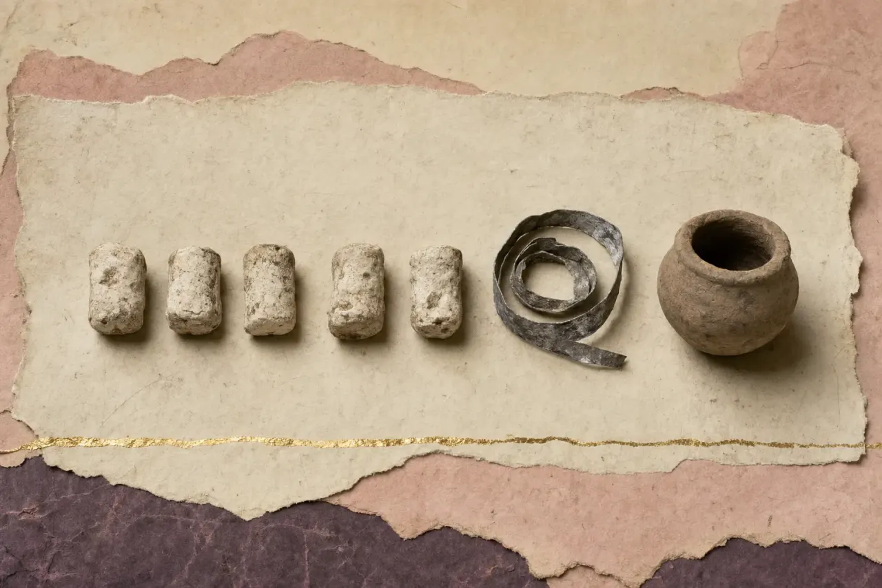 Five small irregular white pellets of compacted lead white laid in a row beside a coiled strip of corroded lead and a small plain Greek pot.