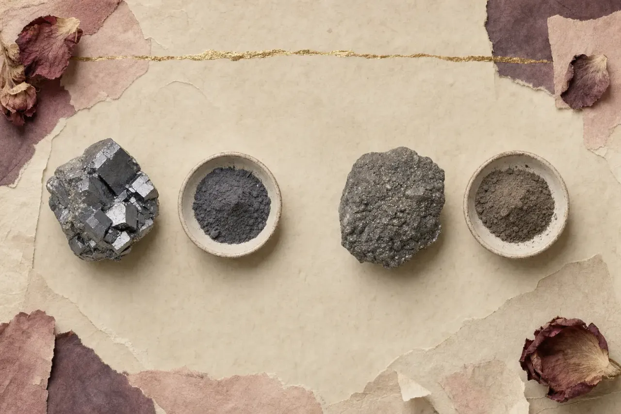 Two lumps of grey galena ore of visibly different character laid beside two small dishes of the dark powder ground from them, the two pairs separated by a gap on bare parchment.