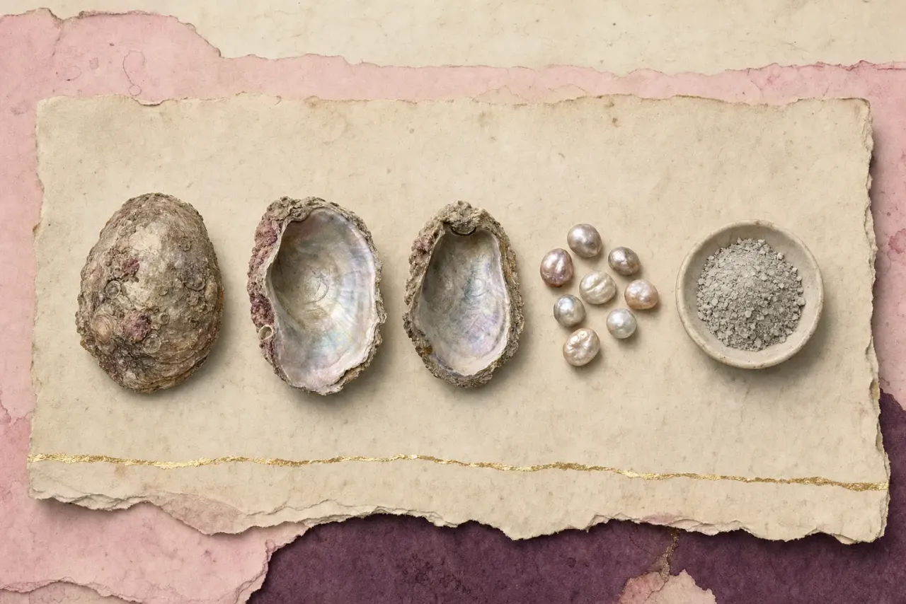 Three rough pearl oyster shells, a small heap of whole pearls and a dish of coarsely ground pearl powder laid out in a row on parchment.