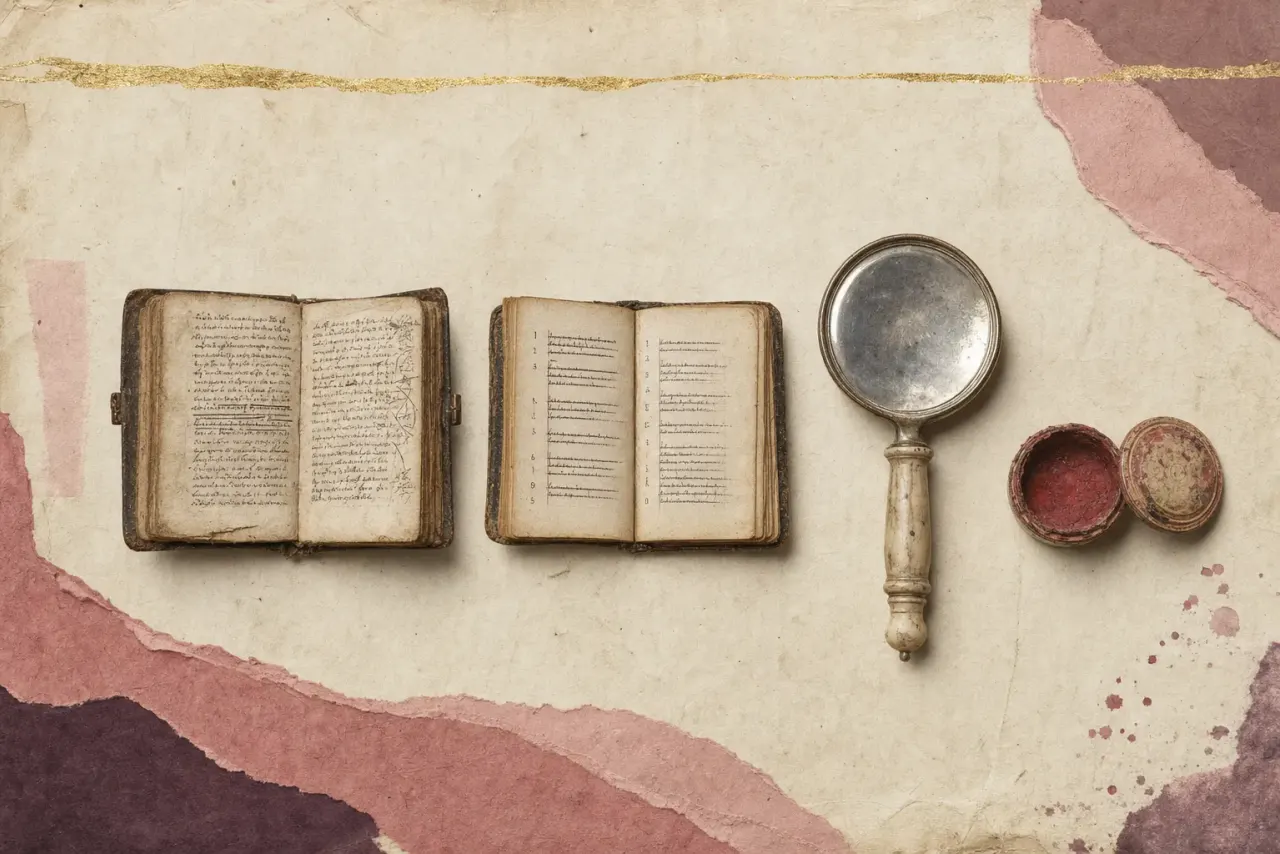 A preacher’s pocket sermon book open beside a confessor’s manual, one page heavily underscored and annotated, with a small mirror and a pot of paint set deliberately alongside them.