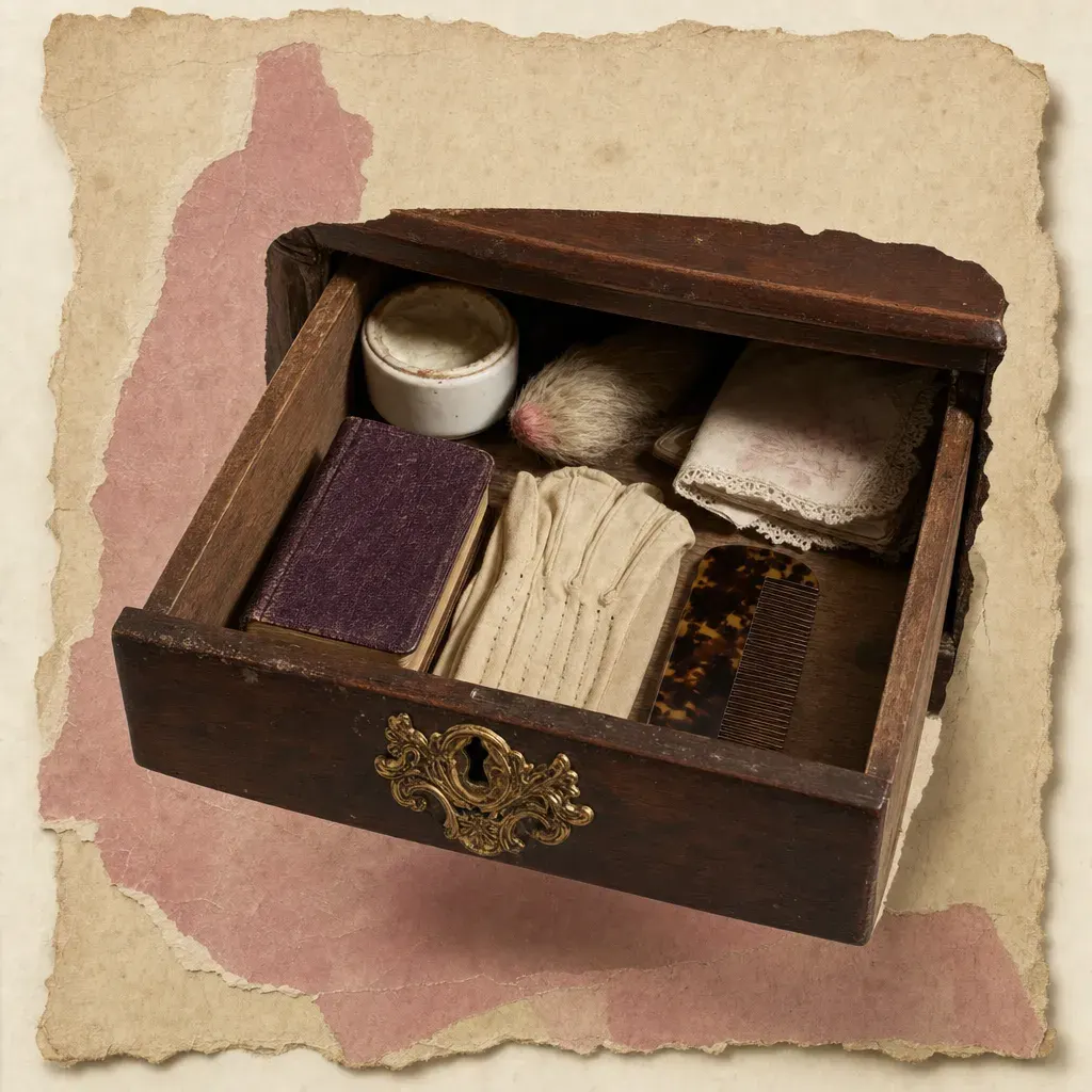 A closed dressing-table drawer pulled open just far enough to show a plain pot of complexion cream, a hare’s-foot and a folded handkerchief pushed to the back behind a prayer book and a pair of gloves.