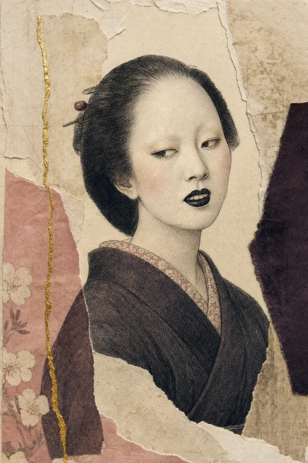 A woman of Edo-period Japan in three-quarter view: pale powdered skin, a smooth forehead with the eyebrows shaved entirely away, and lips parted just enough to show teeth lacquered a dense black.