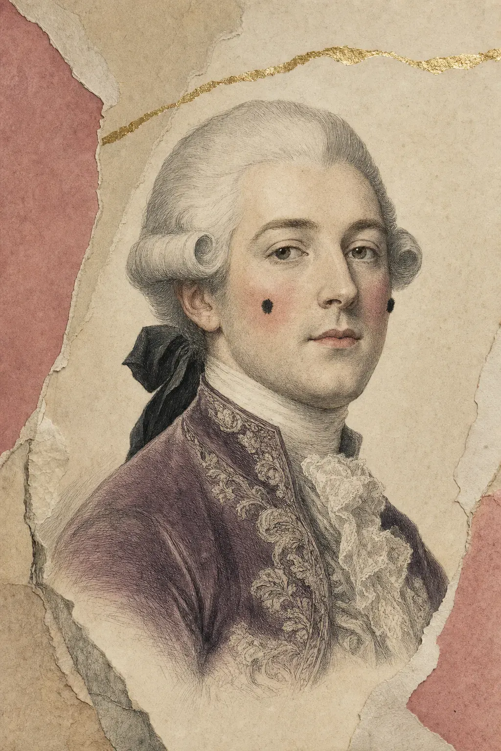 An eighteenth-century courtier, his hair powdered white and rolled into a curl above each ear, his complexion whitened, a round patch of rouge high on each cheek, two small black silk patches, and lace at his throat.