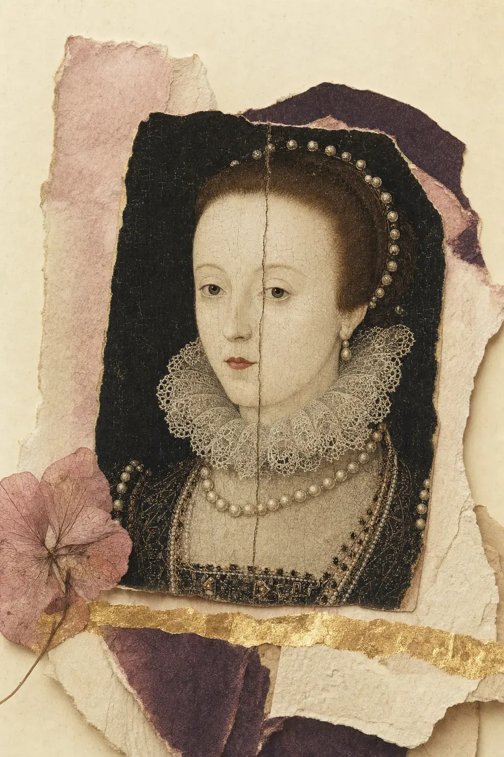 A late sixteenth-century panel portrait of a woman with an unbroken white complexion, high clear forehead and small reddened mouth, its surface showing fine craquelure and a repaired split in the panel.